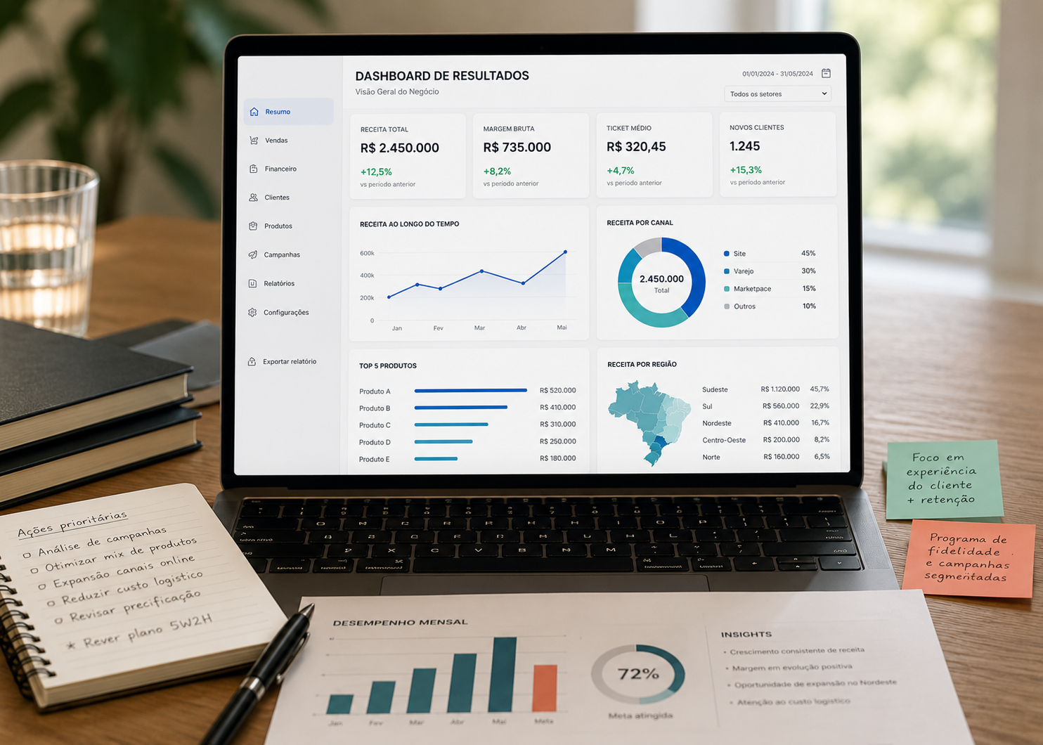 Mesa de trabalho com cadernos, diagramas e notebook — bastidor de aprendizagem e estratégia